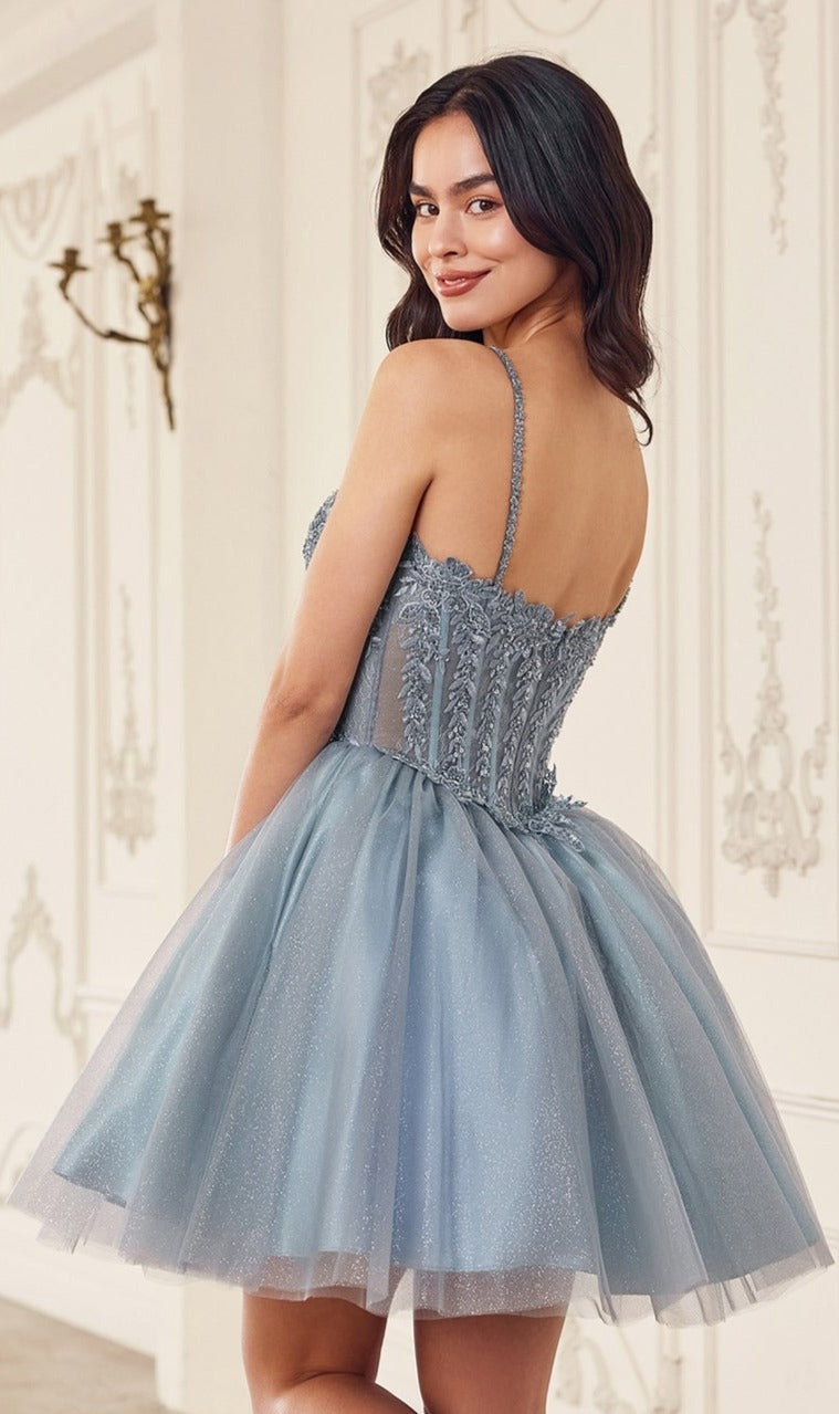 A young woman stands indoors, smiling over her shoulder in the Ladivine Embroidered Lace Homecoming Dress CD0236, a light blue sleeveless dress with delicate lace embroidery.
